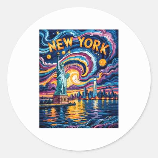 Van Gogh Starry Night Art New York Liberty Skyline Runder Aufkleber (Vorderseite)
