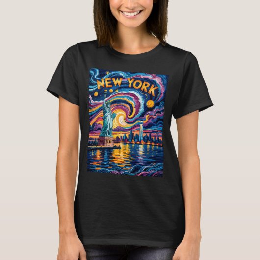 Van Gogh Starry Night Art New York Liberty Skyline T-Shirt (Vorderseite)