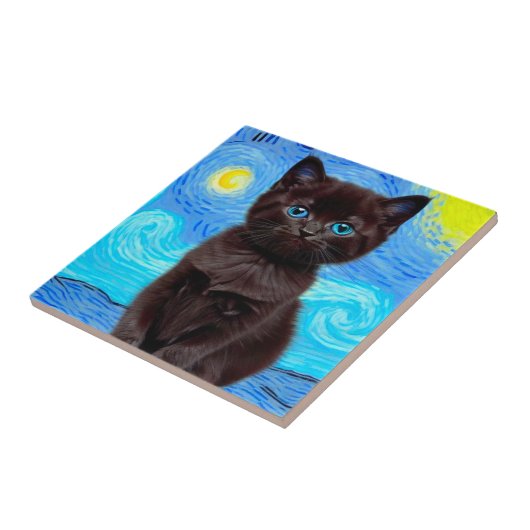 Van Gogh Starry Night Black Cat Fliese (Seite)