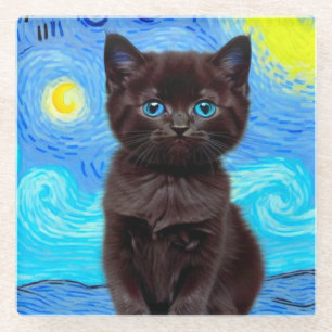 Van Gogh Starry Night Black Cat Glasuntersetzer