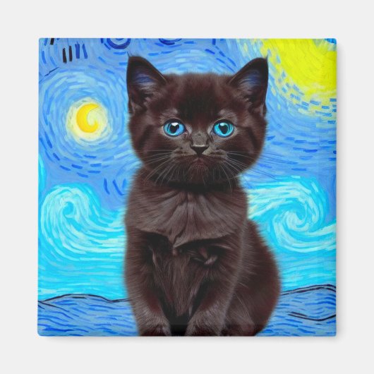 Van Gogh Starry Night Black Cat Magnet (Vorne)