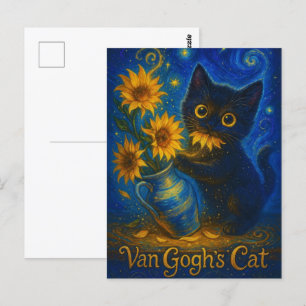 Van Gogh Starry Night Black Cat mit Sonnenblumen Postkarte
