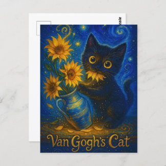 Van Gogh Starry Night Black Cat mit Sonnenblumen Postkarte