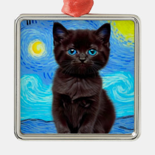 Van Gogh Starry Night Black Cat Ornament Aus Metall