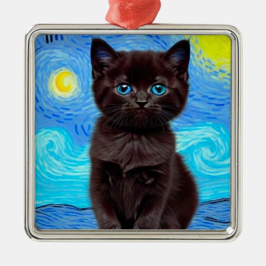 Van Gogh Starry Night Black Cat Ornament Aus Metall (Vorne)