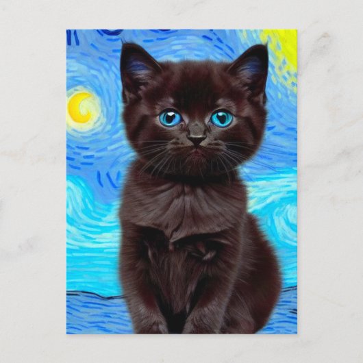Van Gogh Starry Night Black Cat Postkarte (Vorderseite)