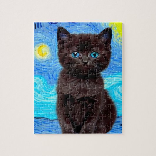 Van Gogh Starry Night Black Cat Puzzle (Vertikal)