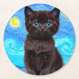 Van Gogh Starry Night Black Cat Runder Pappuntersetzer