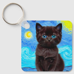 Van Gogh Starry Night Black Cat Schlüsselanhänger
