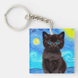 Van Gogh Starry Night Black Cat Schlüsselanhänger