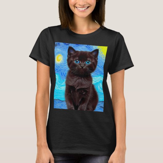 Van Gogh Starry Night Black Cat T-Shirt (Vorderseite)