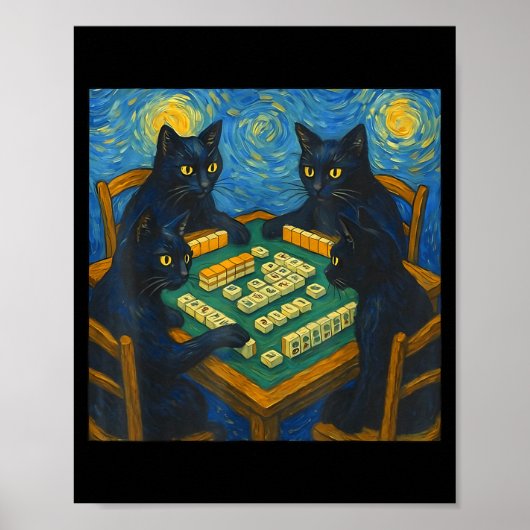 Van gogh starry night cat playing mahjong chinese poster (Vorne)