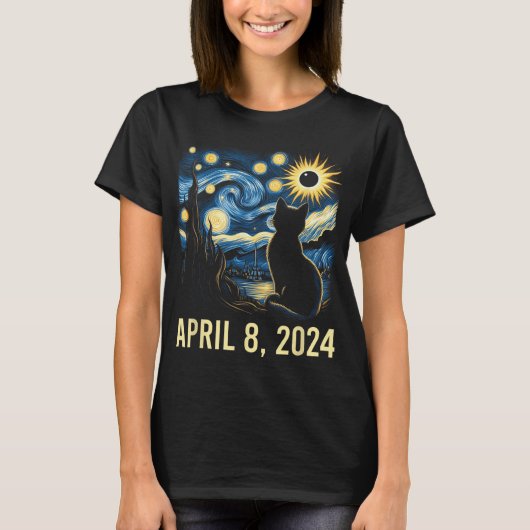 Van Gogh Starry Night Cat Total Solar Eclipse Apri T-Shirt (Vorderseite)