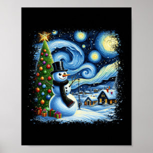 Van Gogh Starry Night Christmas Snowman Snowy Nigh Poster