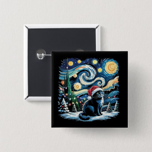 Van Gogh Starry Night Festivals Black Cat Button (Vorne & Hinten)