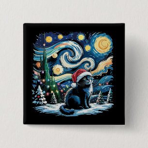 Van Gogh Starry Night Festivals Black Cat Button