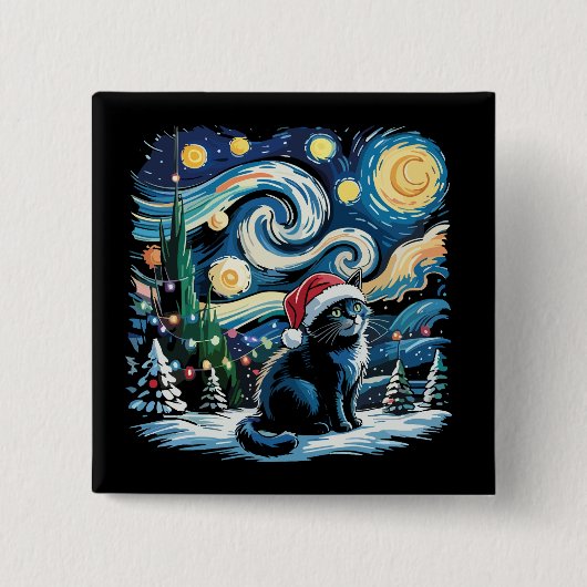 Van Gogh Starry Night Festivals Black Cat Button (Vorderseite)