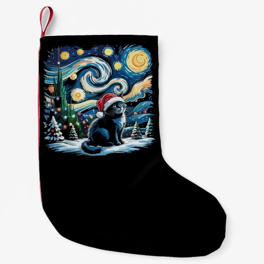 Van Gogh Starry Night Festivals Black Cat Kleiner Weihnachtsstrumpf (Vorderseite)