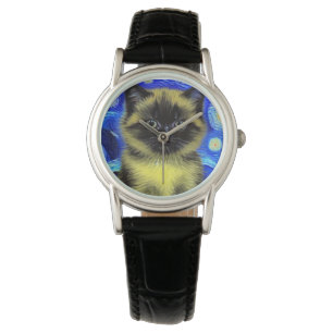 Van Gogh Starry Night Siamese Cat Armbanduhr