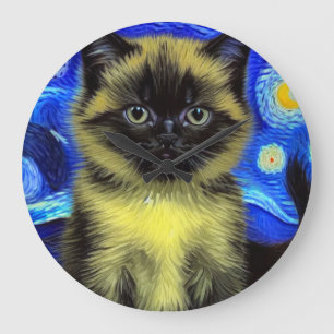 Van Gogh Starry Night Siamese Cat Große Wanduhr