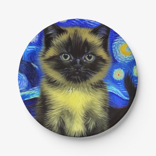Van Gogh Starry Night Siamese Cat Pappteller (Vorderseite)