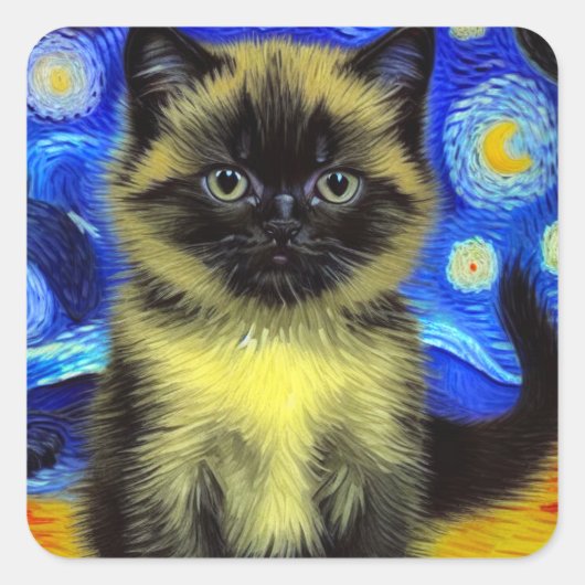 Van Gogh Starry Night Siamese Cat Quadratischer Aufkleber (Vorderseite)