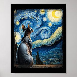 Van Gogh Starry Night Style Artistic Sphynx Cat Poster