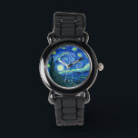 Van Gogh Sternennacht Armbanduhr<br><div class="desc">Van Goghs berühmtes Gemälde "The Starry Night". In den 1880er Jahren, als er während seines bleibe am Asyl von Saint Remy bemalt wurde, stellte van Gogh die sanften Hügel und Zypressen dar, die er aus seinem Fenster sah. Digitale Verstärkung durch PixDezines. Copyright © 2008-2016 PixDezines.com™ und PixDezines™ auf zazzle.com. Alle...</div>