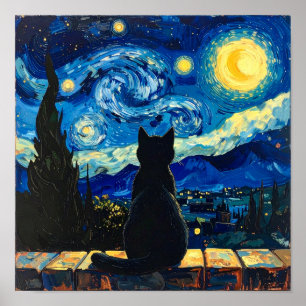 Van Gogh Sternennacht mit schwarzer Katze Poster