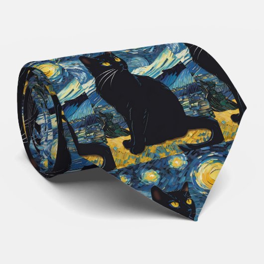 Van Gogh Sternennacht Schwarze Katze Krawatte (Gerollt)