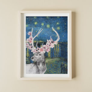 Van Gogh Sternennacht und Hirsch-Blumen-Kompilatio Poster