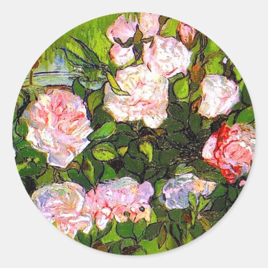 Van Gogh Still Life mit rosa Roses Runder Aufkleber (Vorderseite)