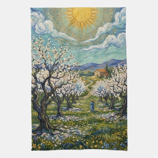 Van Gogh Style Almond Orchard Sunlit Blossom  Geschirrtuch (Vertikal)
