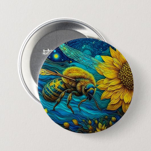 Van Gogh Style Bee & Sunflower Button (Vorne & Hinten)