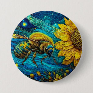 Van Gogh Style Bee & Sunflower Button