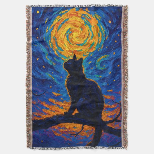 Van Gogh Style Black Cat Gazing at the Moon Decke (Vorderseite Vertikal)
