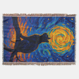 Van Gogh Style Black Cat Gazing at the Moon Decke