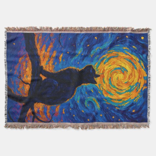 Van Gogh Style Black Cat Gazing at the Moon Decke (Vorderseite)