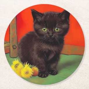 Van Gogh Style Black Cat Runder Pappuntersetzer
