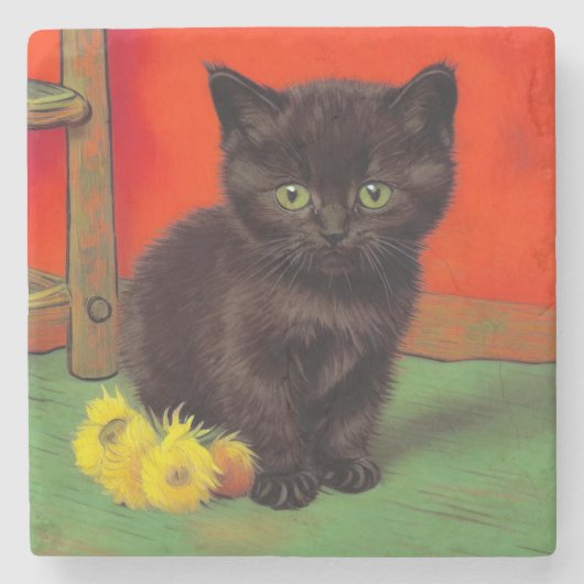 Van Gogh Style Black Cat Steinuntersetzer (Vorderseite)