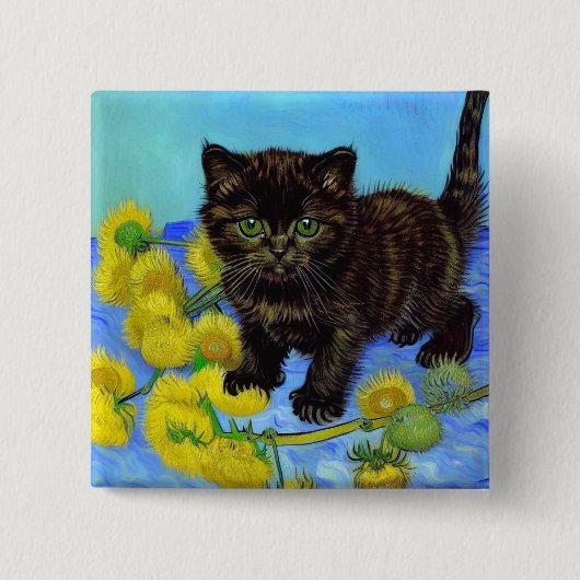 Van Gogh Style Cat mit Sonnenblumen Button (Vorderseite)