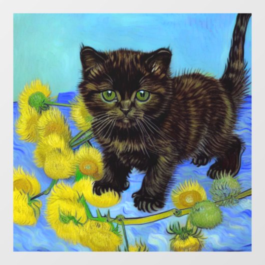 Van Gogh Style Cat mit Sonnenblumen Fensteraufkleber (Blatt)