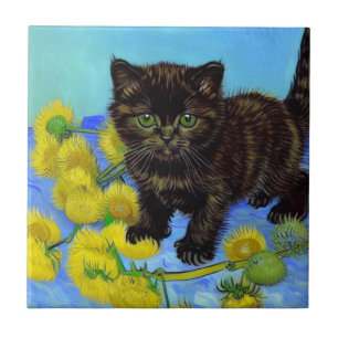 Van Gogh Style Cat mit Sonnenblumen Fliese
