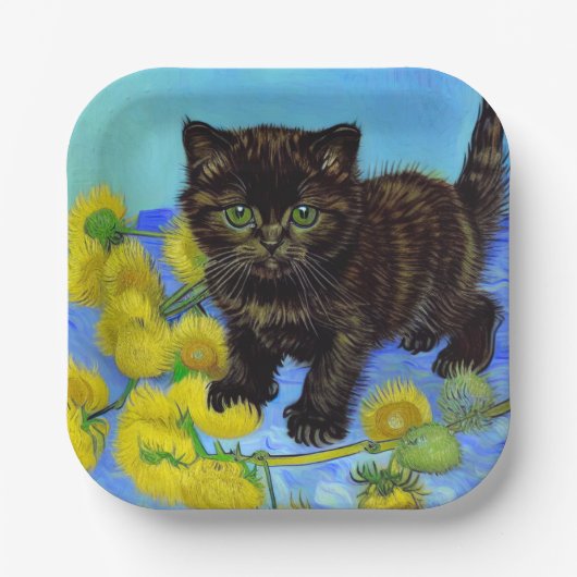 Van Gogh Style Cat mit Sonnenblumen Pappteller (Vorderseite)