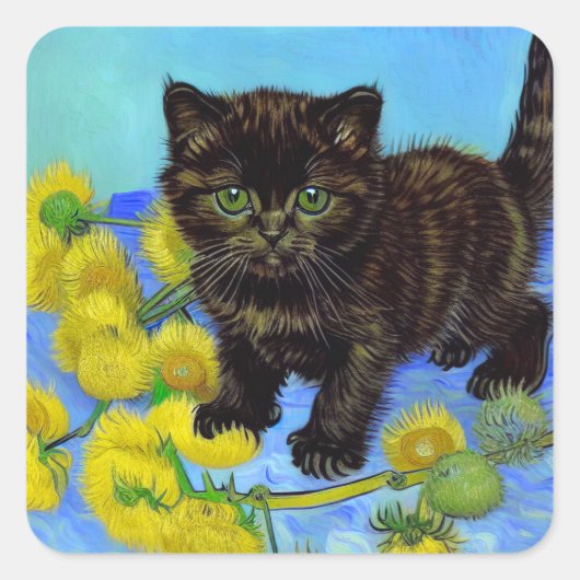 Van Gogh Style Cat mit Sonnenblumen Quadratischer Aufkleber (Vorderseite)