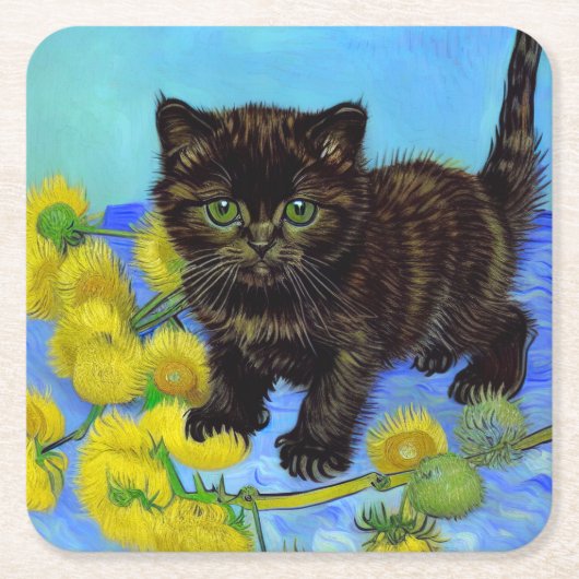 Van Gogh Style Cat mit Sonnenblumen Rechteckiger Pappuntersetzer (Vorderseite)