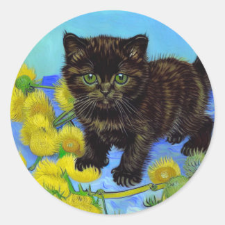 Van Gogh Style Cat mit Sonnenblumen Runder Aufkleber