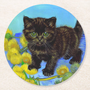 Van Gogh Style Cat mit Sonnenblumen Runder Pappuntersetzer