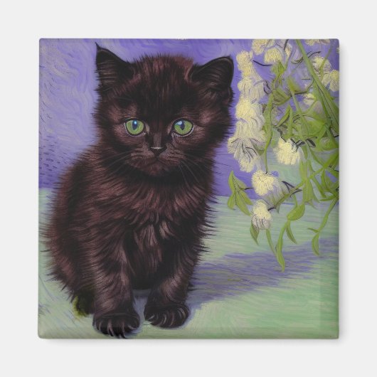 Van Gogh Style Cat mit weißen Blume Magnet (Vorne)