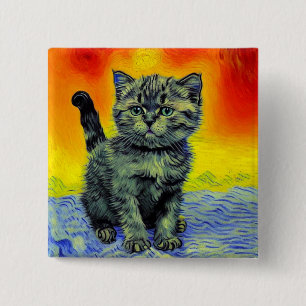 Van Gogh Style Cat Sunset Beach Button